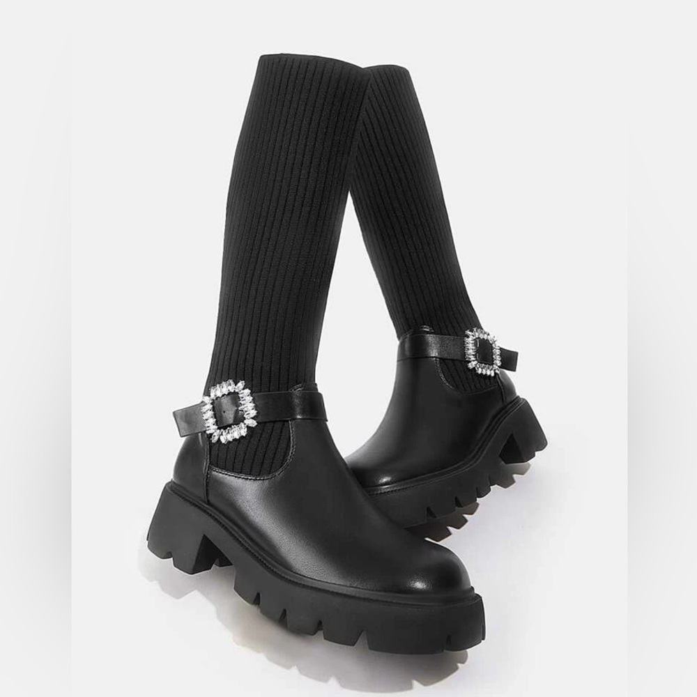 SHEIN RHINESTONE AND BUCKLE DECOR SOCK BOOTS